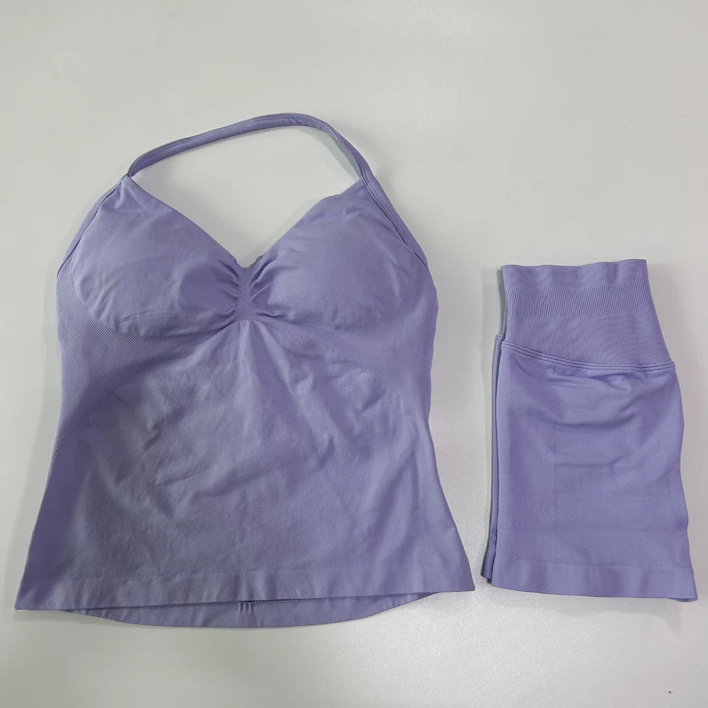 2Pcs Gym Set Women Backless Tank Tops High Waist Scrunch Seamless Shorts