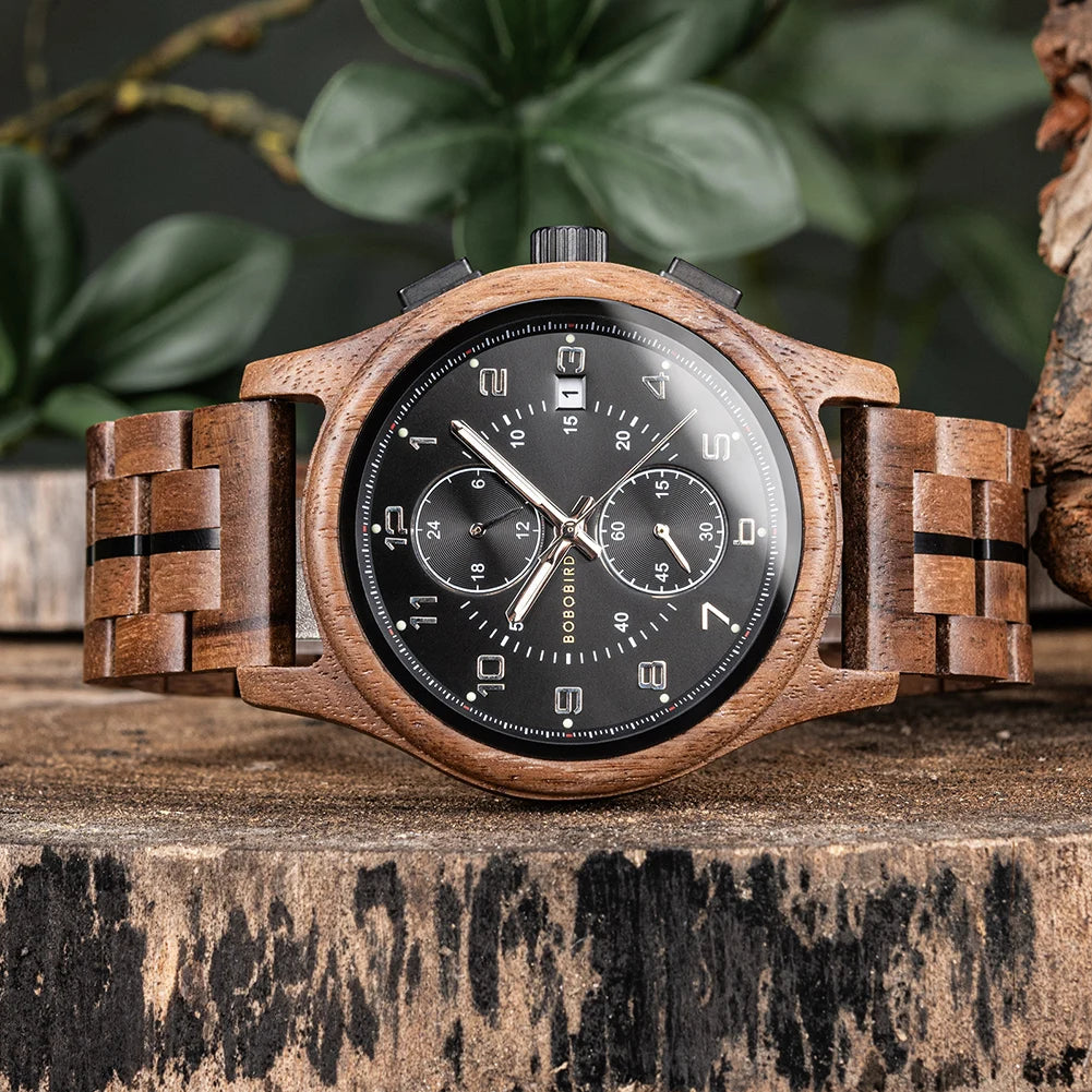 Wooden Watch for Men BOBO BIRD Chronograph Wristwatch with Luminous Hands Wood Watches Anniversary Gift for Him