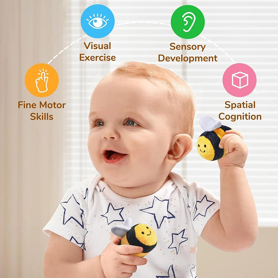 Baby Toys 6-12 Months Soft Baby Beehive with 5 Sensory Bee Rattle Mirror Crinkle Squeaker Busy Montessori Soft Toy for Toddlers