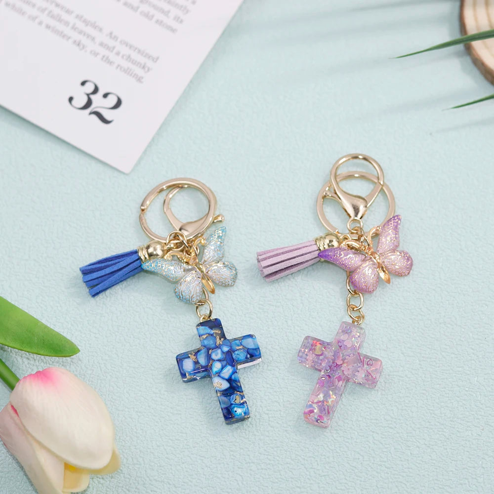 Exquisite Cross Butterfly Keychain Cute Resin Christian Cross Key Ring Purse Bag Pendant Car Key Accessories Women Party Gift