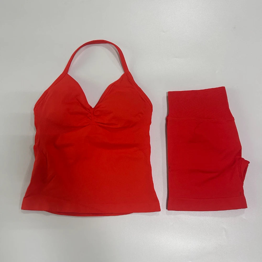 2Pcs Gym Set Women Backless Tank Tops High Waist Scrunch Seamless Shorts