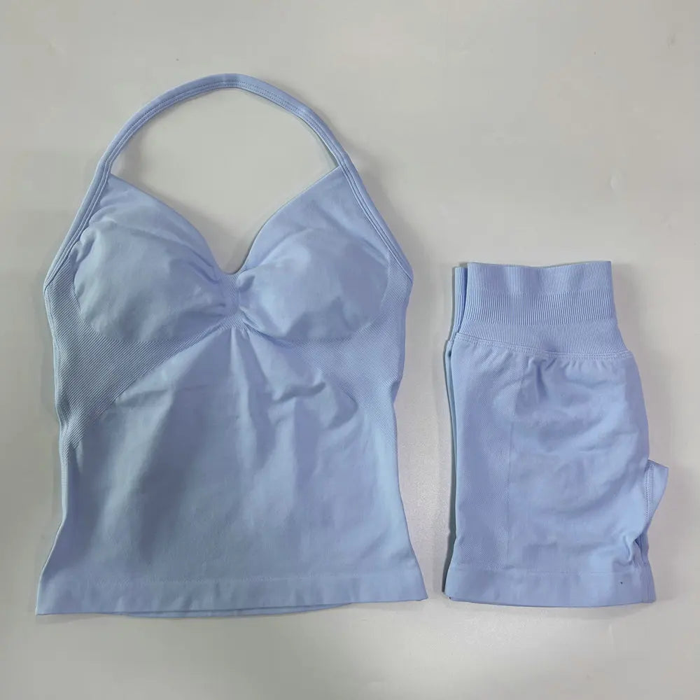 2Pcs Gym Set Women Backless Tank Tops High Waist Scrunch Seamless Shorts
