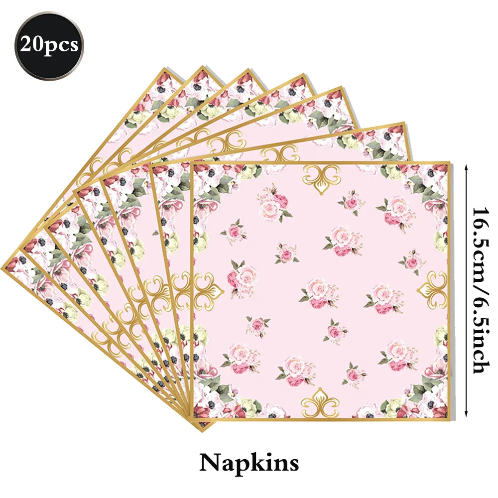Tea Party Tableware Flower Paper Plate Napkin Cup Girl Birthday Tea Party Pink And Green Flower Decoration Disposable Tableware