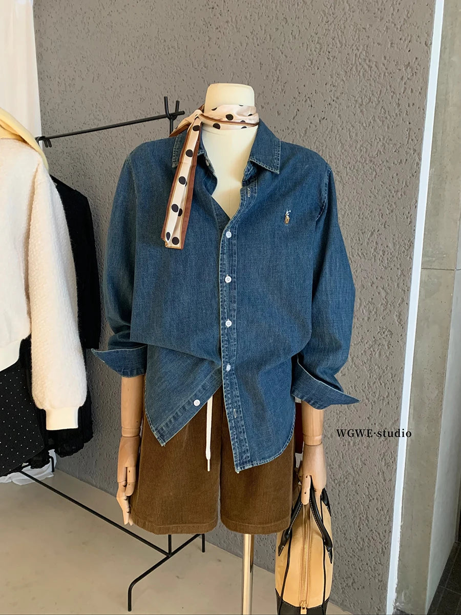 Retro Washed Denim Shirt with  Logo Classic Preppy Style Long Sleeve Women's Casual Fashion Autumn Season Button Closure