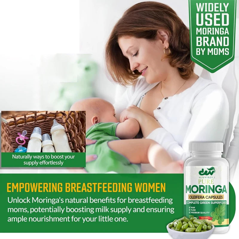 Organic Moringa Powder Capsules, used for energy, immunity, and joint health, made from pure Moringa powder organic