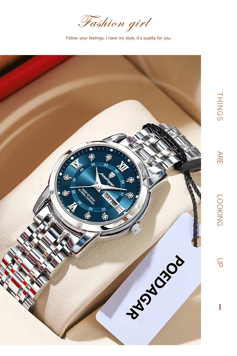 POEDAGAR Luxury Women Wristwatch Waterproof Luminous Date Week Women's Watches Stainless Steel Elegant Dress Quartz Ladies Watch