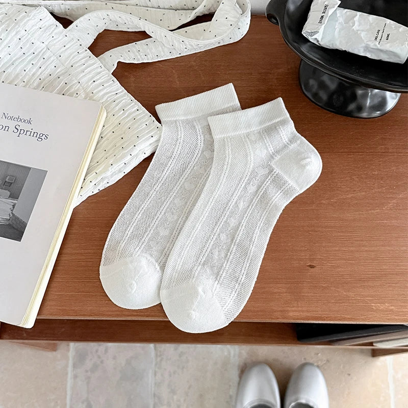 Women's White Ankle Socks 1/5 Pairs Breathable Summer Fashionable Thin Low Tube Silk Socks for Comfortable Wear