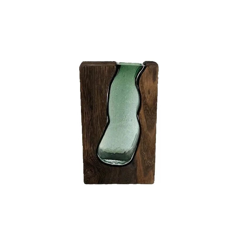 Green Glass Vase with Solid Wood Base Wabi-Sabi Style Rustic Floral Display Jar for Chinese New Year Entryway Flower Decoration