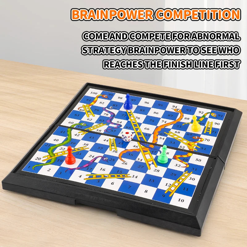 International Snakes and Ladders Parent-Child Board Game Toy - Magnetic-Free Foldable Board with Storage for Game Pieces