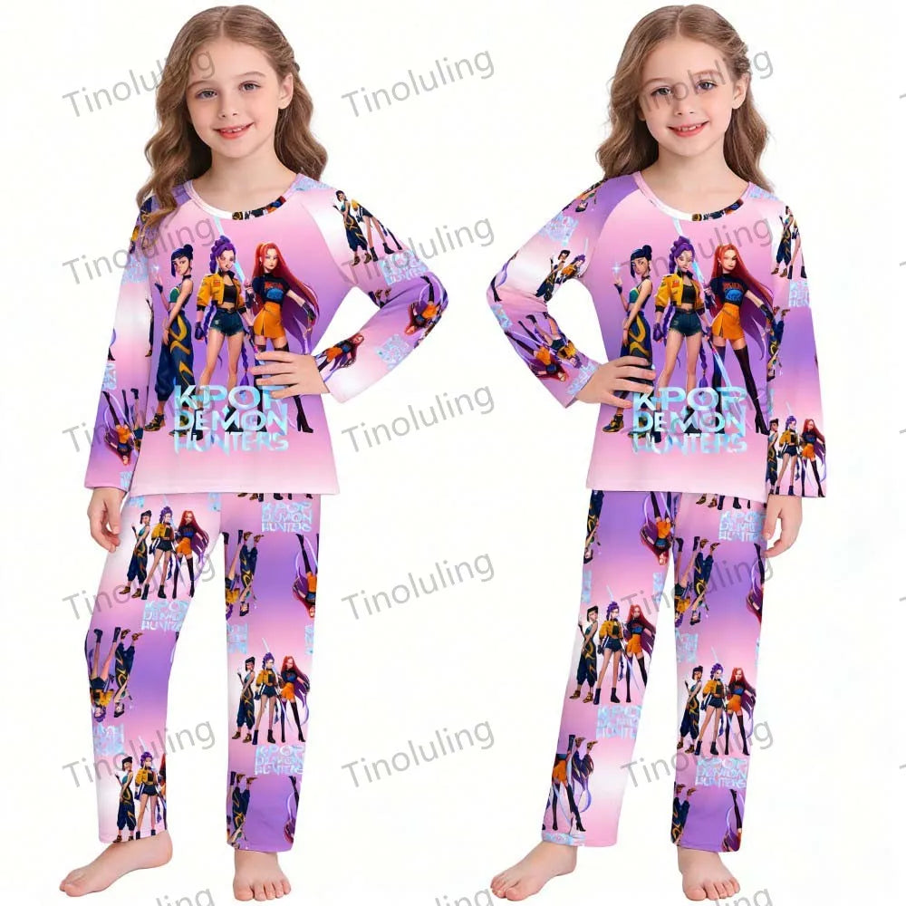 KPop Demon Hunters Huntrix Kids Pajamas Set Long Sleeve Girls Clothing 2pcs Children's Sleepwear Cartoon Boys Nightwear 3-14Y