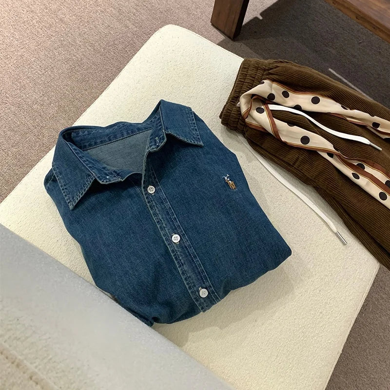 Retro Washed Denim Shirt with  Logo Classic Preppy Style Long Sleeve Women's Casual Fashion Autumn Season Button Closure
