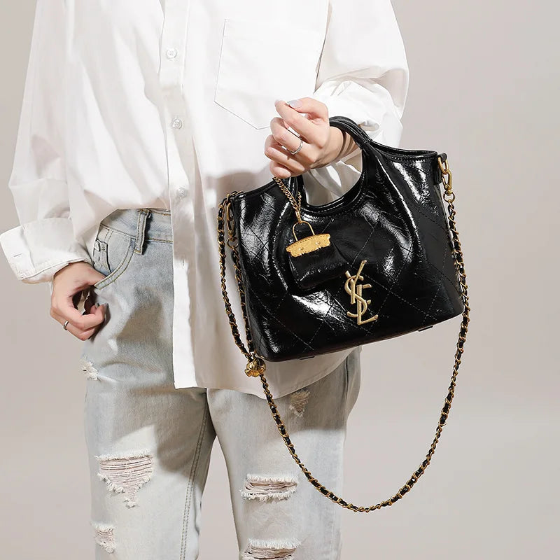 Premium handbag with diamond grid embroidery thread, large capacity vegetable basket bag, chain bar crossbody bag