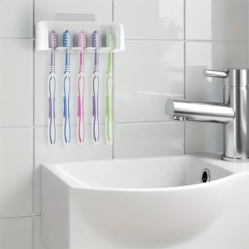 A covered 5-slot toothbrush holder, self-adhesive wall toothbrush storage rack, plastic bathroom supplies