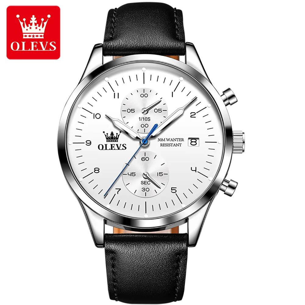 OLEVS 2880 Men Quartz Watch Business Dress Wristwatch Leather Luminous Date 30M Water Resistant Chronograph Style Dial