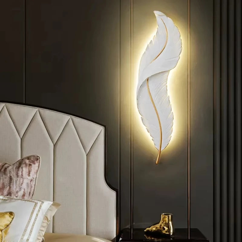 Nordic feather wall lamp, living room, bedroom, headboard, foyer, creative feather lamp, resin aisle, minimalist background ligh