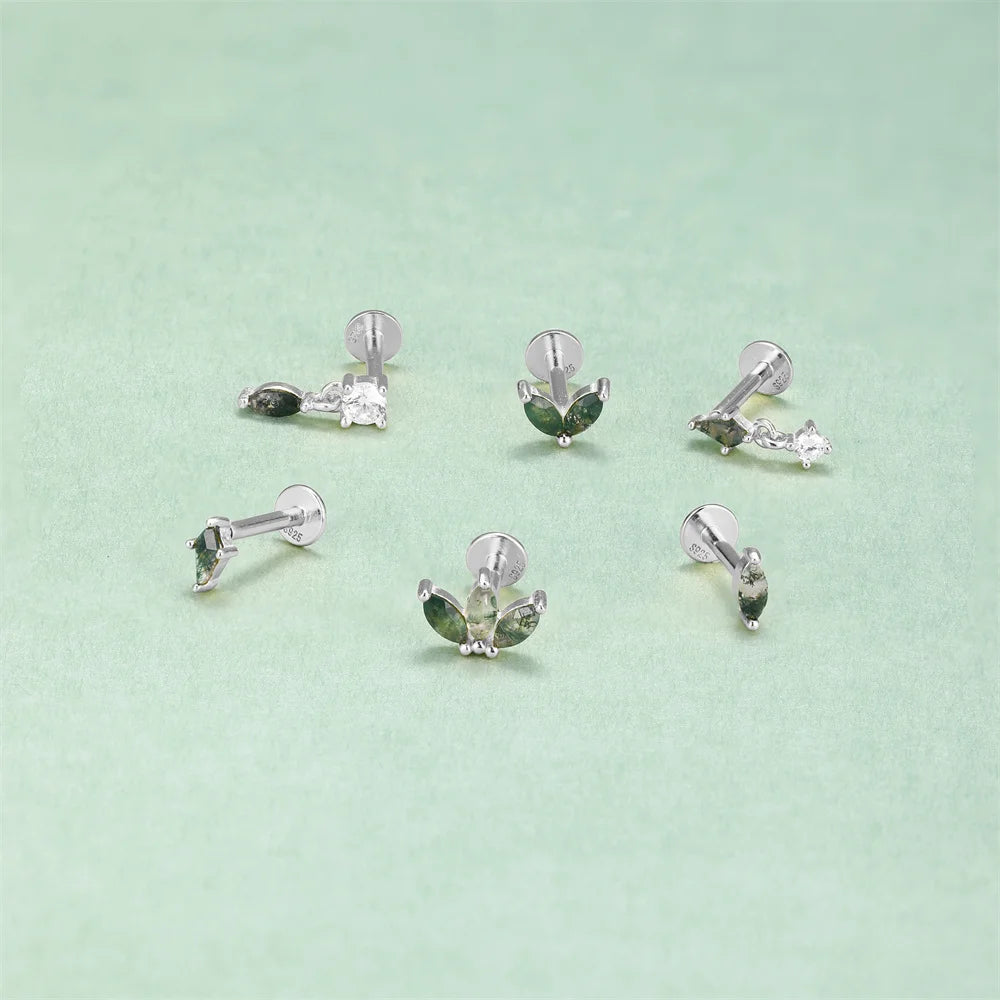 AIDE Water Grass Agate 925 Sterling Silver Flat Head Thread Piercing Earring Green Moss Piercing Ear Bone Earring Jewelry 1pc