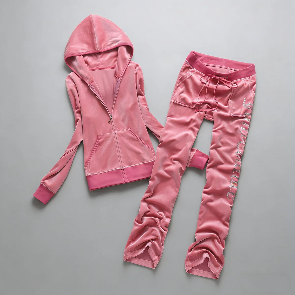 Y2K Women's Velvet Tracksuit 2 Piece Set Rhinestone Crown Print Hoodie + Straight Pants Slim Fit Loungewear Multiple Colors