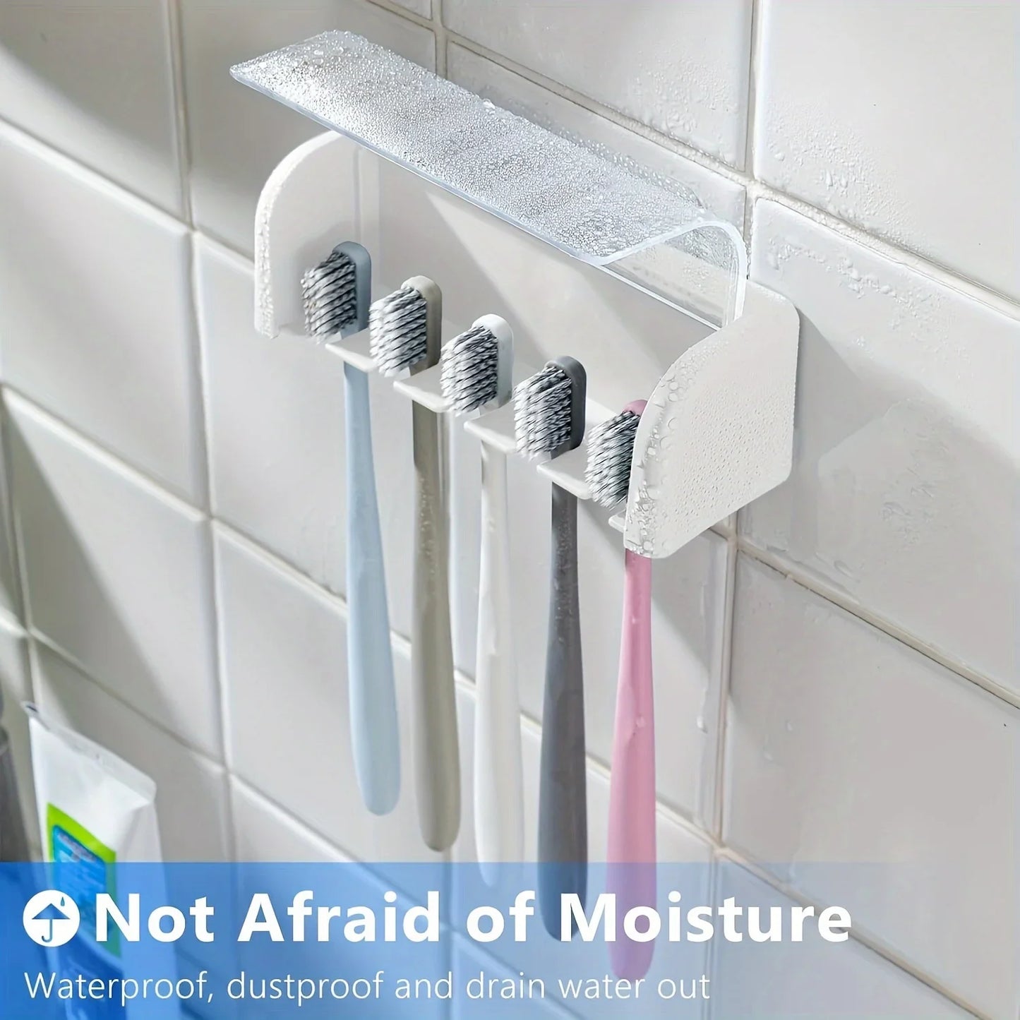 A covered 5-slot toothbrush holder, self-adhesive wall toothbrush storage rack, plastic bathroom supplies
