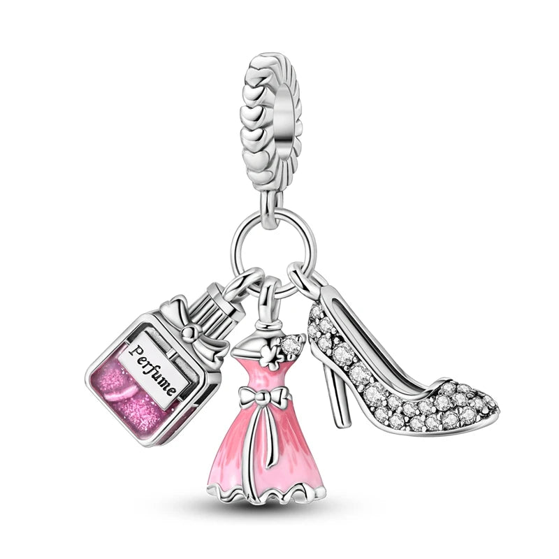 925 Sterling Silver Pink Series Charms Bow Tie Girl Cake Princess Beads Pendant Fit Original Bracelet DIY Jewelry Gift For Woman