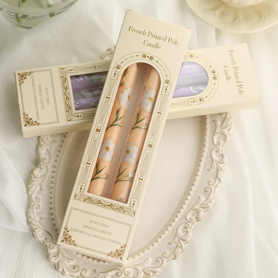 2pcs/Box 9.85in Taper Scented Candles Romantic Hand Painted Rose Long Candle For Home Decoration Candle Wedding Decoration