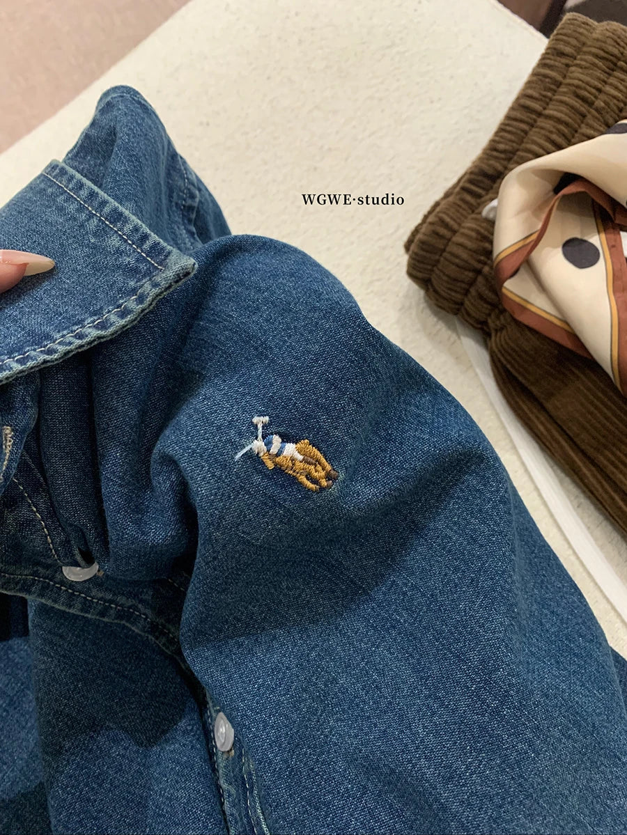 Retro Washed Denim Shirt with  Logo Classic Preppy Style Long Sleeve Women's Casual Fashion Autumn Season Button Closure