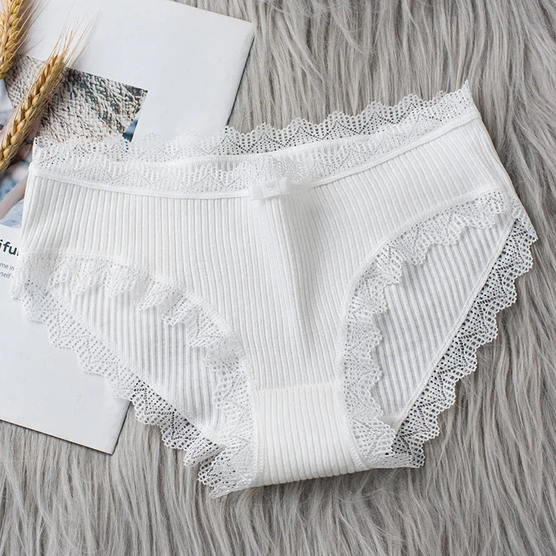 Cotton Sexy Lace Mid Waist Underwear Threaded Brief Solid Color Skin Friendly Ladies Underpant Breathable Fashion Casual Panties