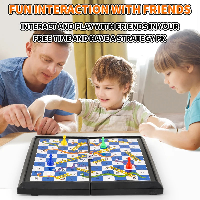 International Snakes and Ladders Parent-Child Board Game Toy - Magnetic-Free Foldable Board with Storage for Game Pieces
