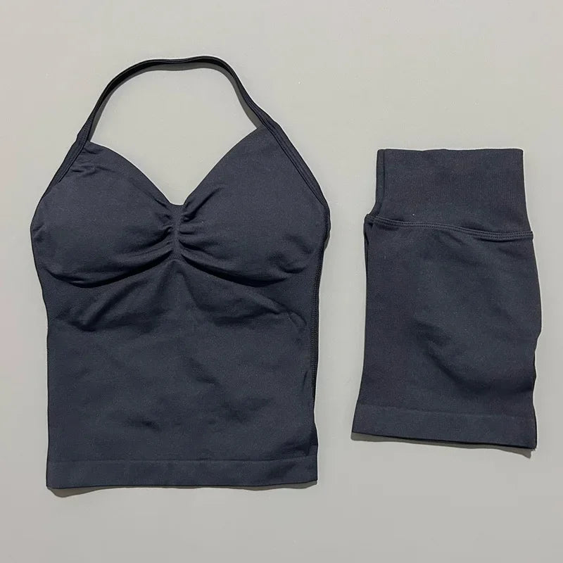 2 Pieces Sports Set Women Backless Tank Yoga Tops High Waist
