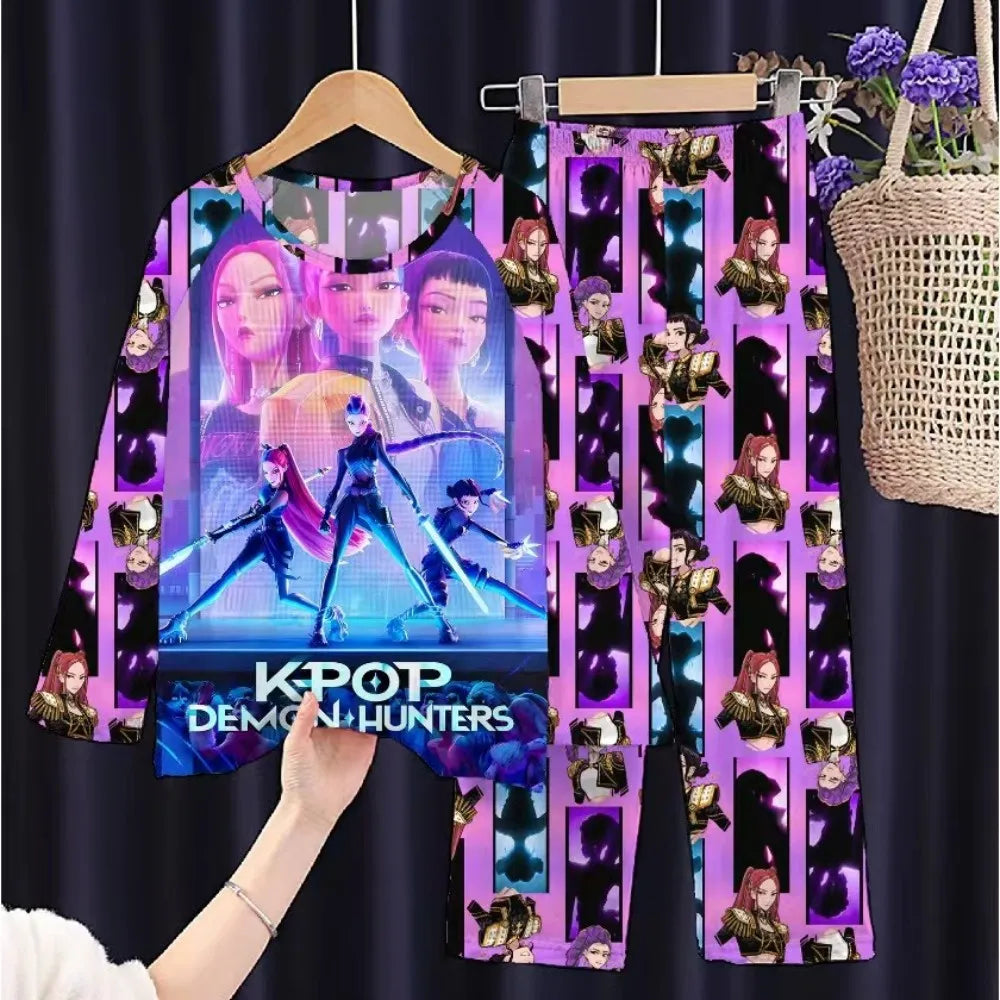 KPop Demon Hunters Huntrix Kids Pajamas Set Long Sleeve Girls Clothing 2pcs Children's Sleepwear Cartoon Boys Nightwear 3-14Y