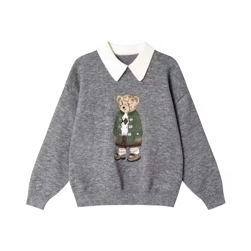 High Street Luxury French Ladies Embroidery Bear Knitted Pullover Sweater For Women Fashion Casual Knitwear Tops Pull Femme