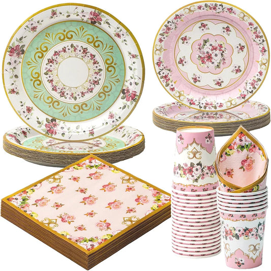 Tea Party Tableware Flower Paper Plate Napkin Cup Girl Birthday Tea Party Pink And Green Flower Decoration Disposable Tableware