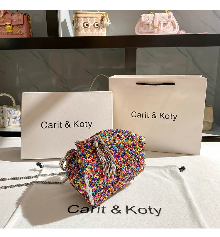 Luxury Designer Colorful Stones Evening Clutch Bag Wedding Party Bucket Purse Metal Handle Women Handbag Shoulder Messenger Bag