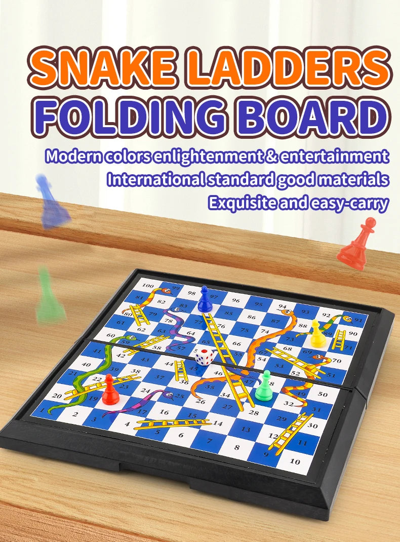 International Snakes and Ladders Parent-Child Board Game Toy - Magnetic-Free Foldable Board with Storage for Game Pieces