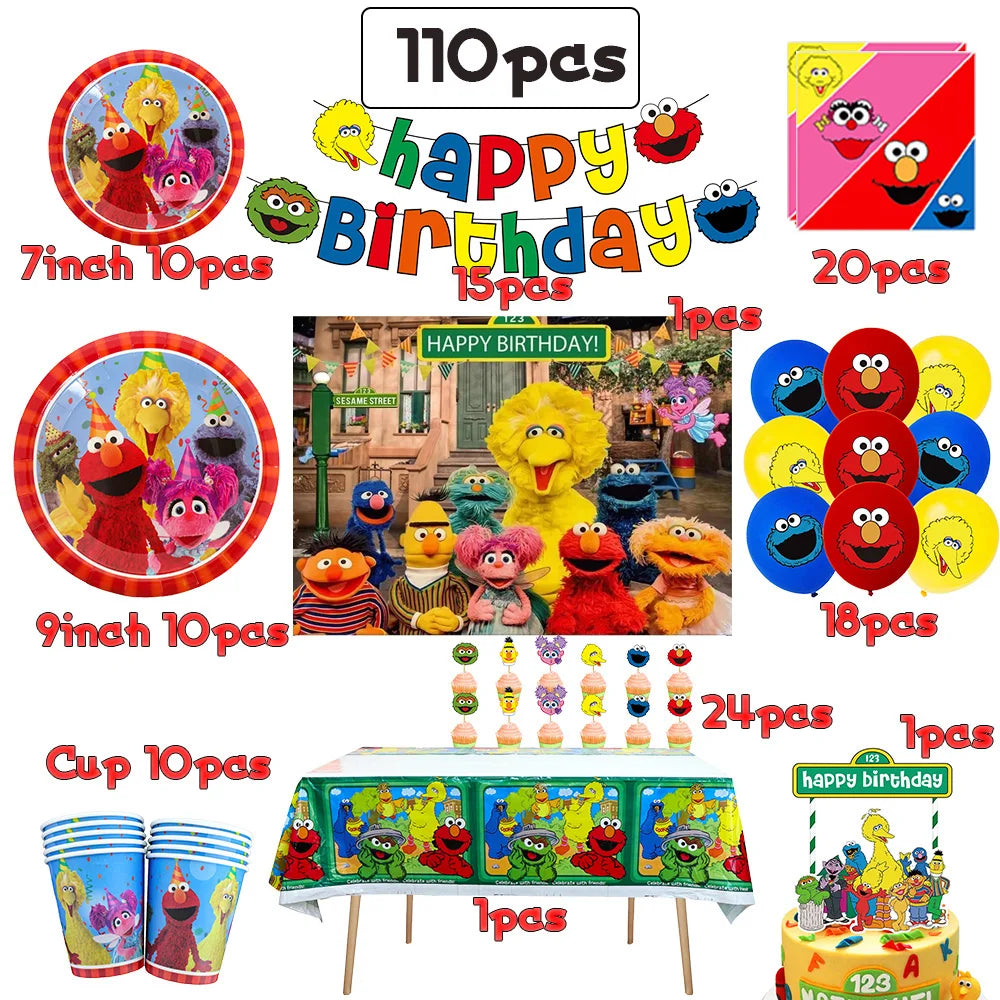 Cartoon Sesames  Street Birthday Party Decor Elmo and Friends Theme Tablecloth Plate Balloon Set Cake Decor Baby Shower