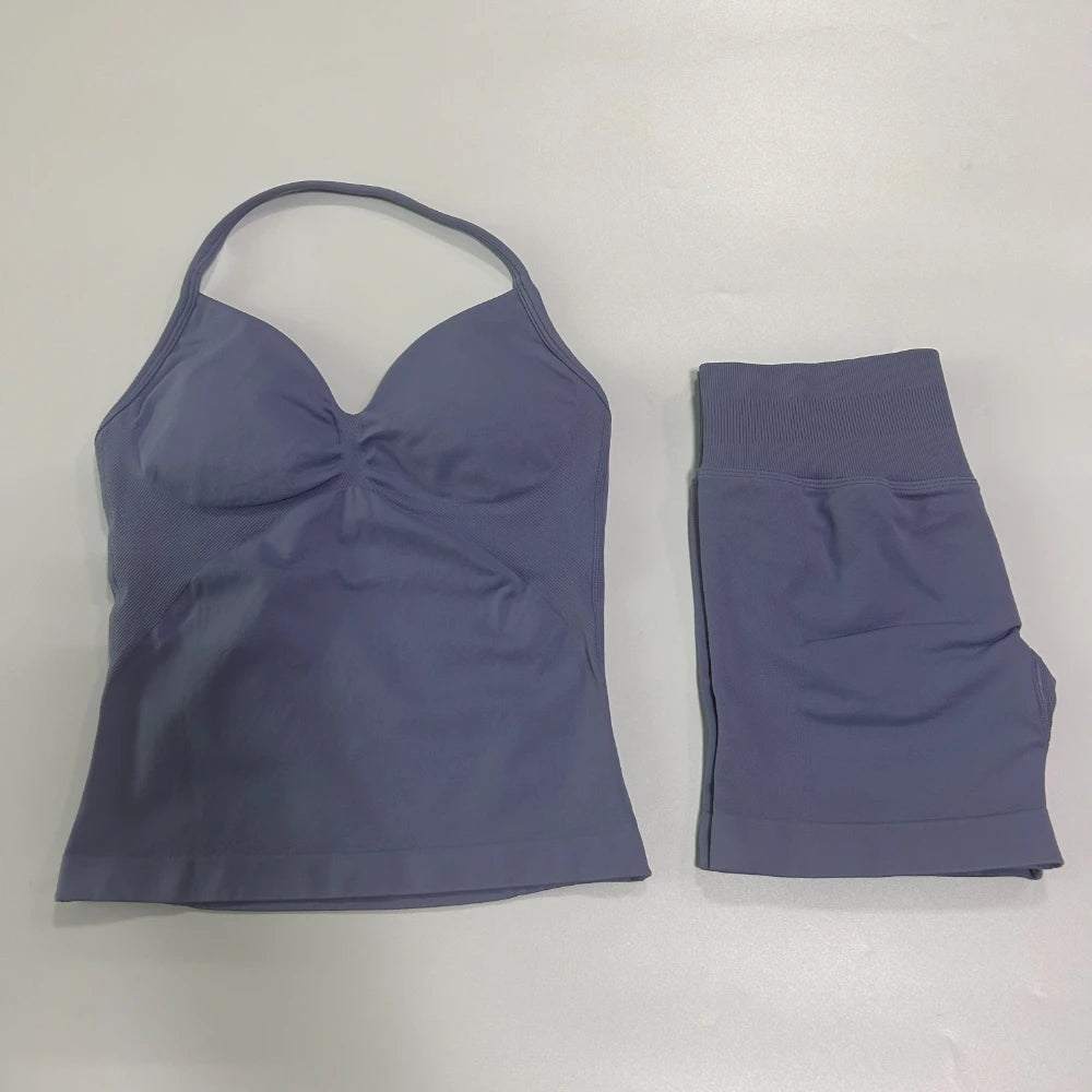 2Pcs Gym Set Women Backless Tank Tops High Waist Scrunch Seamless Shorts