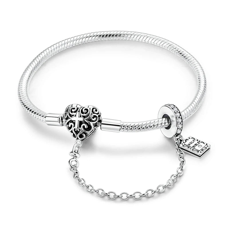 925 Sterling Silver Bracelets 17-20CM Original Golden Sparkling Heart Shaped Bracelet Fit DIY Charms Beads Fashion Women Jewelry
