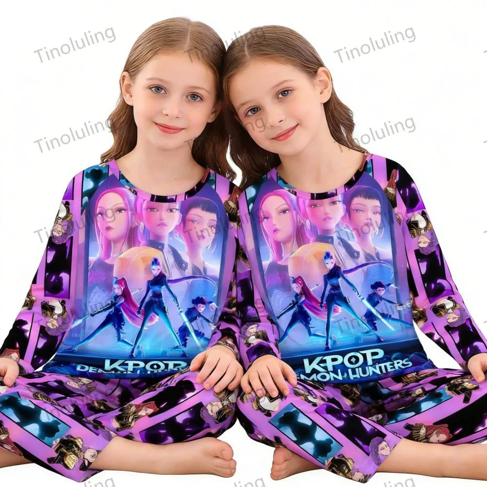 KPop Demon Hunters Huntrix Kids Pajamas Set Long Sleeve Girls Clothing 2pcs Children's Sleepwear Cartoon Boys Nightwear 3-14Y