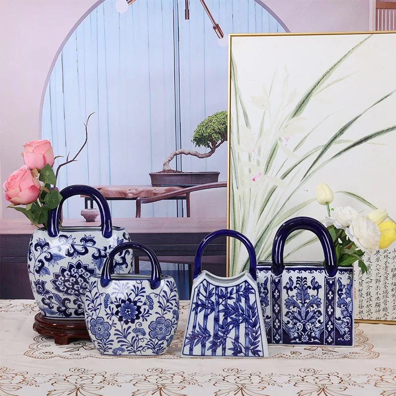 Blue and White Porcelain Desktop Handbag Vase, Ceramic Vase, Aesthetic Decoration, Flowerpot, Room Decoration Accessories.