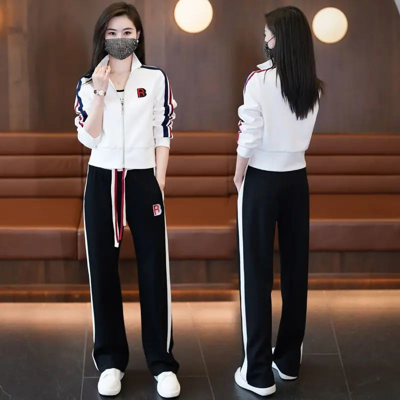 Fashionable Sportswear Two-Piece Set Ladies Wide Leg Pants Jacket Casual Spring Autumn Outfit Stylish Zipper Closure Long Sleeve