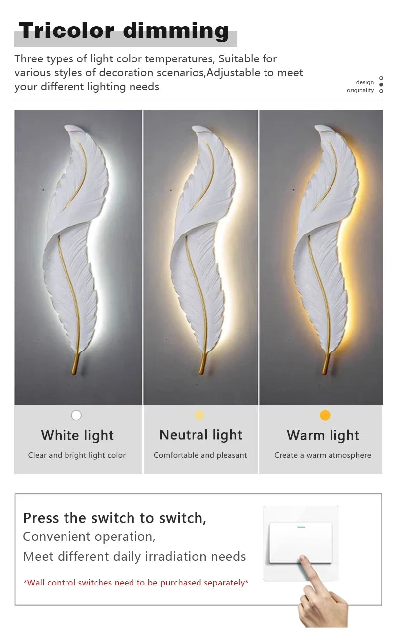Nordic feather wall lamp, living room, bedroom, headboard, foyer, creative feather lamp, resin aisle, minimalist background ligh