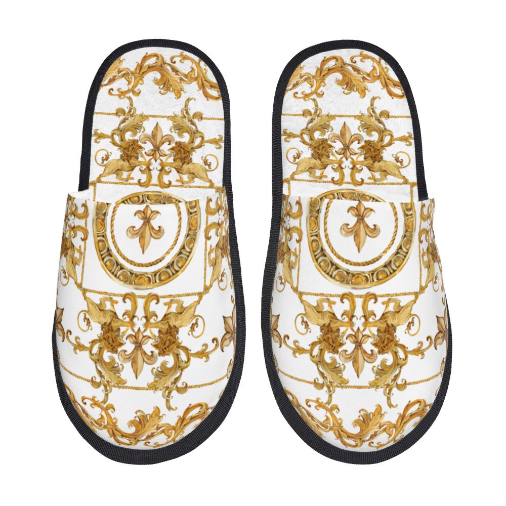 Custom Vintage Baroque Prints Greek Ornament Golden Meander Meandros Soft Scuff Memory Foam Slippers Women Hotel House Shoes