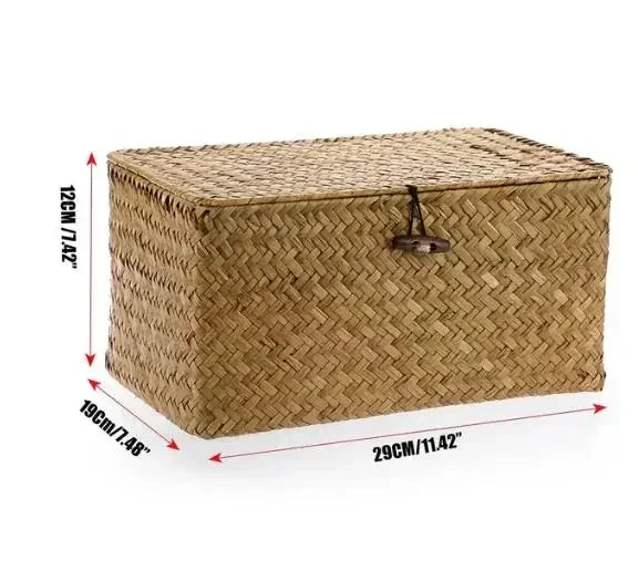 +Handwoven Seagrass Shelf Basket with Lid, Rectangular Desktop Organizer for Makeup & Sundries