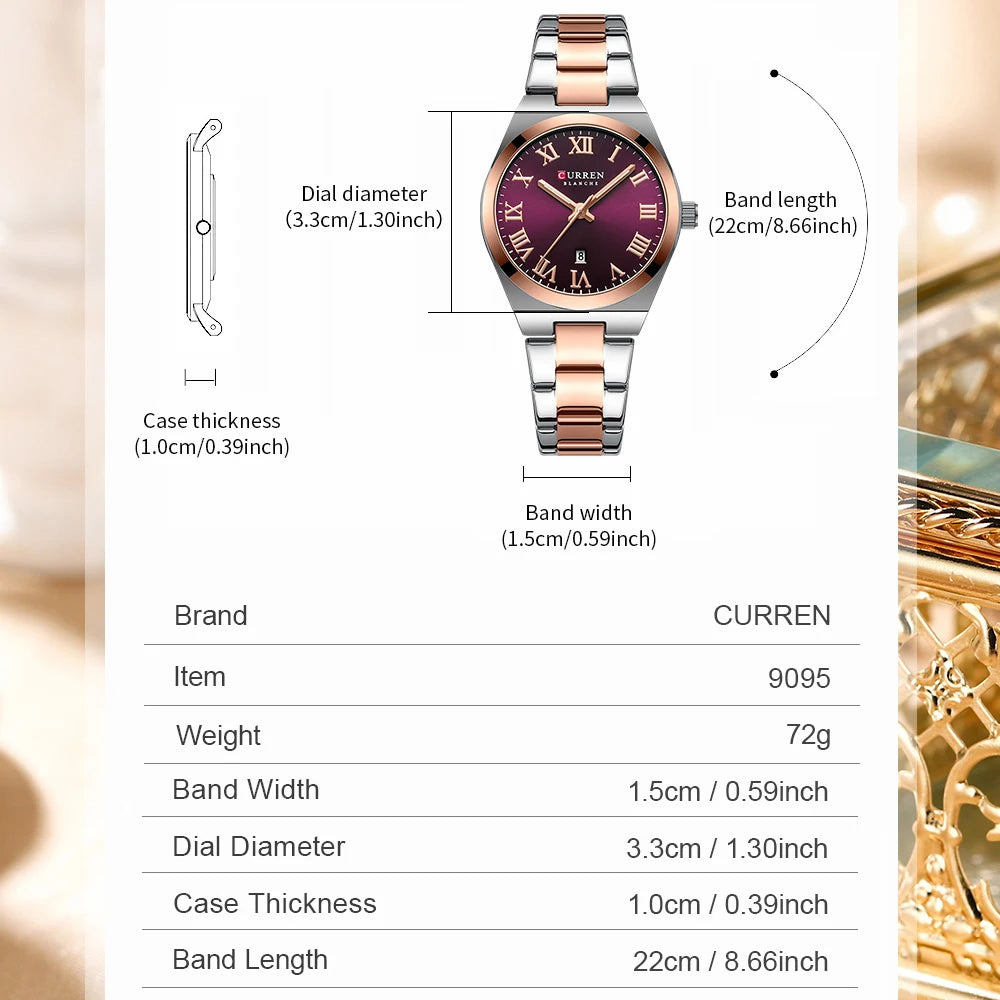 CURREN Fashionable Quartz Watches for Women Roman Numerals Simple Elegant Stainless Steel Braclete Ladies Wristwatch
