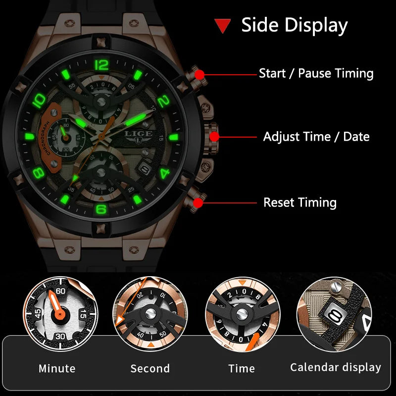 LIGE Luxury Military Men Watch Waterproof Luminous Date Sport Man Wristwatch Chronograph Silicone Strap Quartz Men's Watches