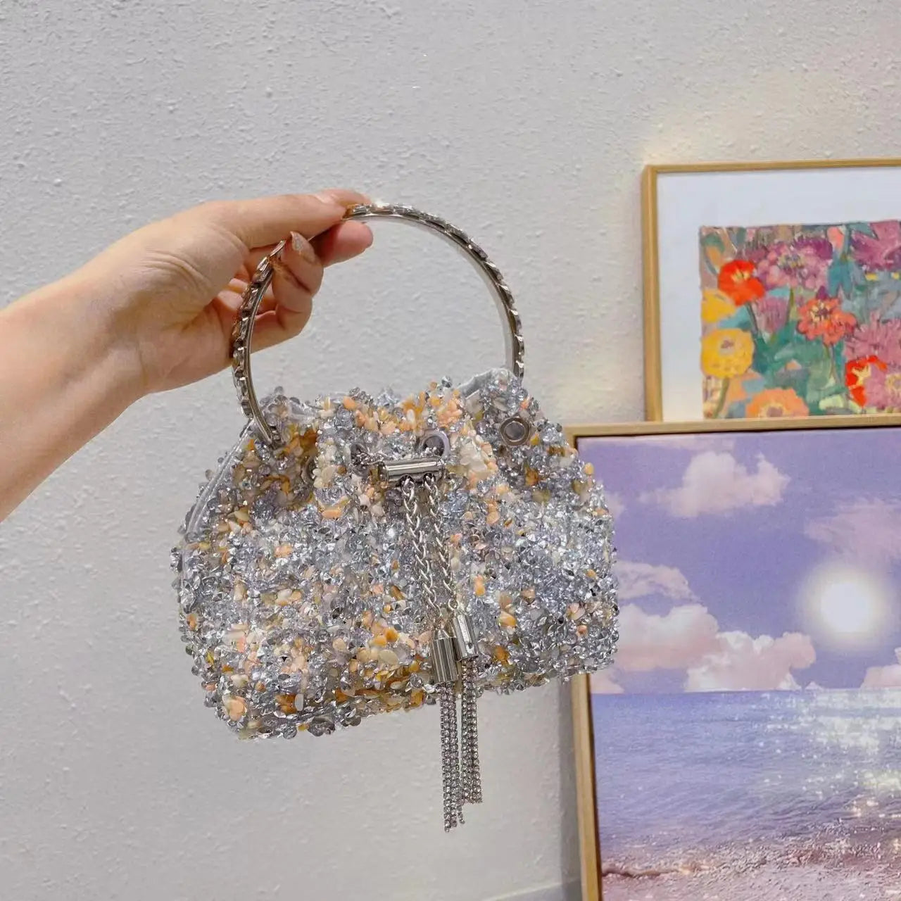 Luxury Designer Colorful Stones Evening Clutch Bag Wedding Party Bucket Purse Metal Handle Women Handbag Shoulder Messenger Bag