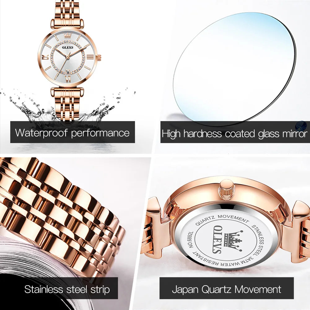 OLEVS 6892 Women's Watches Elegant Fashion Original Wristwatch Waterproof Stainless Steel Mesh Belt Luminous Inlaid Zircon