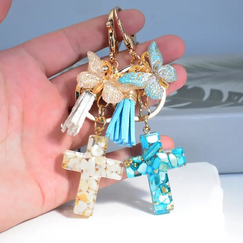 Exquisite Cross Butterfly Keychain Cute Resin Christian Cross Key Ring Purse Bag Pendant Car Key Accessories Women Party Gift