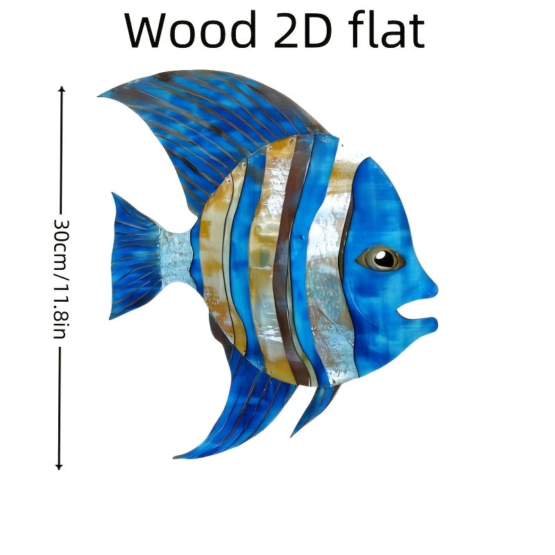 2D Wooden Fish Nautical Walls Beach Art Walls Hang Decorated Marine Themed Retro blue Fish Family Bathroom Pendants Gifts