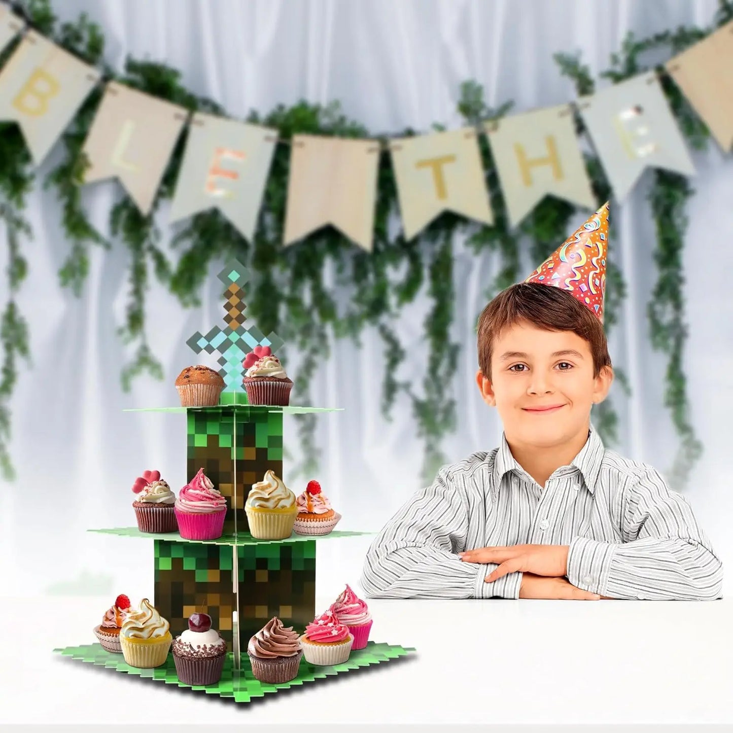 Cupcake Stands for Pixel Game Birthday Party Decorations Game Party Favors Supplies, Cardboard Cupcake Holder with Toppers Table