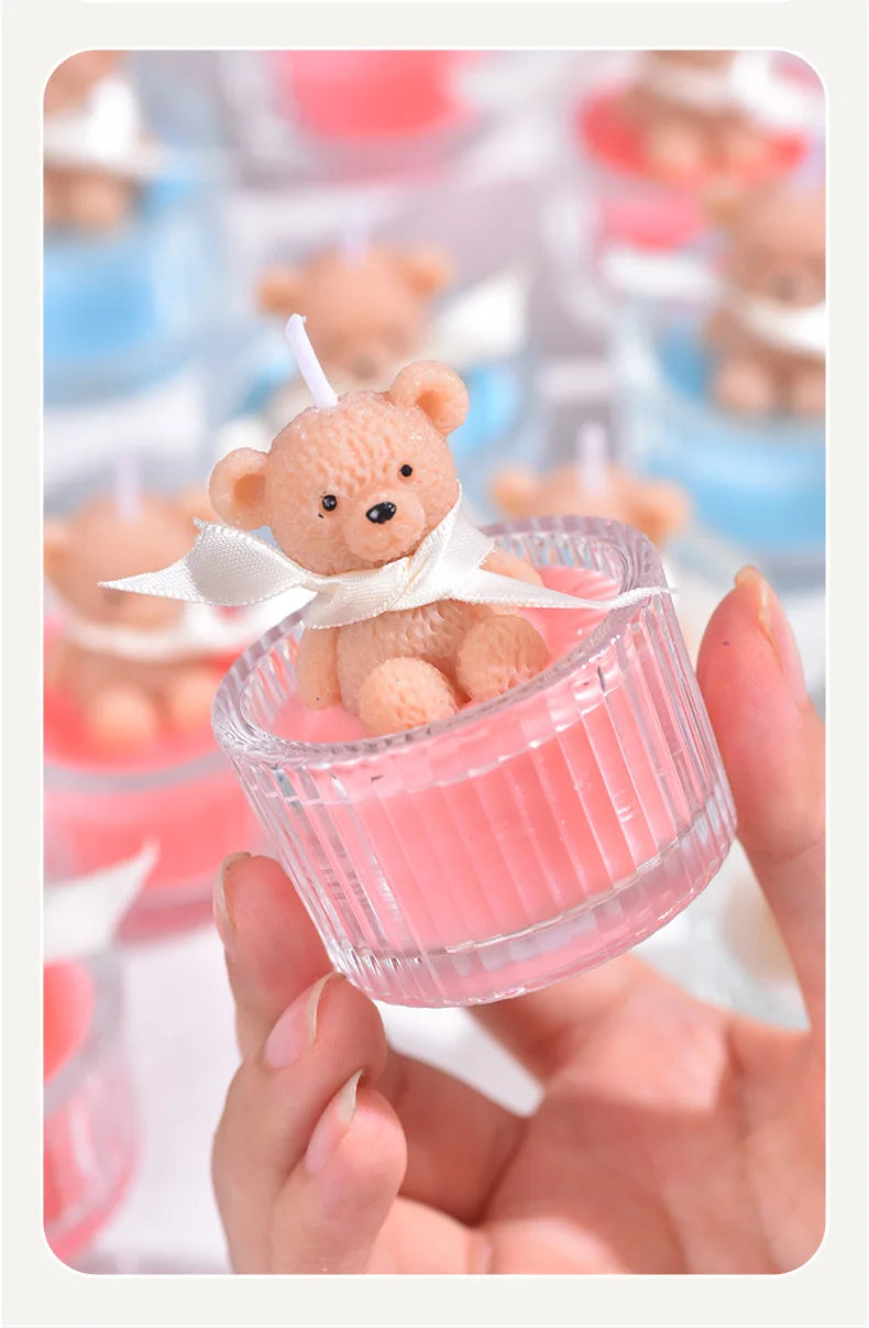 Scented Luxury Teddy Bear Soy Candle in Glass Jar with Ribbon, Creamy Pastel Gifts for Women, Bridal Shower & Holiday Favors